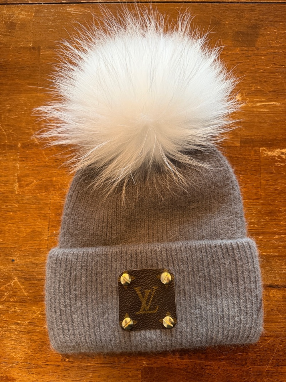 Monogram Gray Angora Knit Beanie with White Raccoon Fur Pom